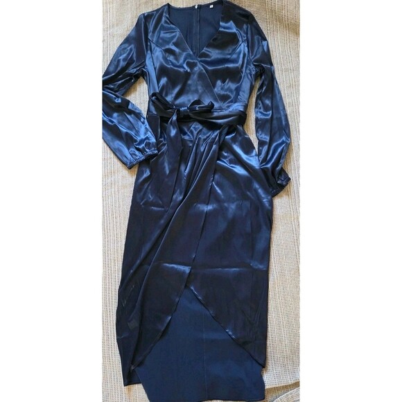 NWOT Women's L Long Formal Wrap Cinched Waist Navy Blue Event Dress - Picture 3 of 9
